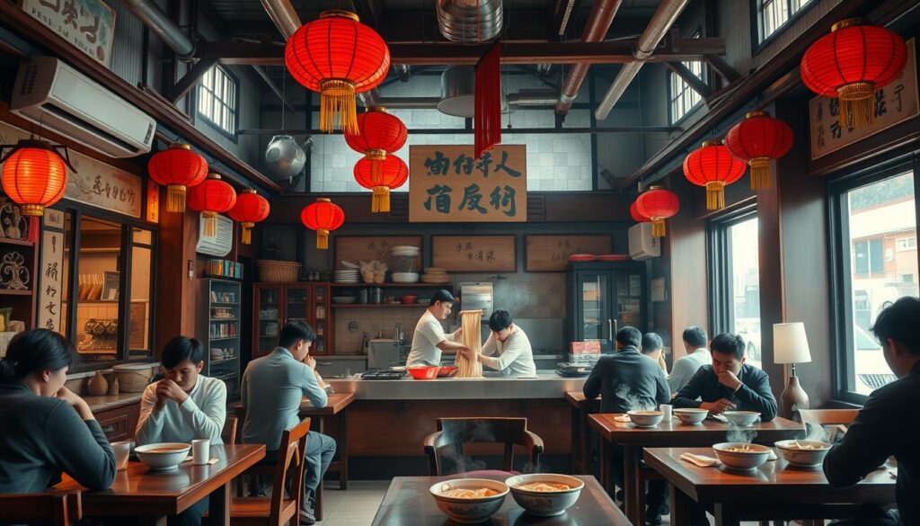 Authentic Lanzhou beef noodle restaurant interior with traditional decor and open kitchen showing noodle preparation