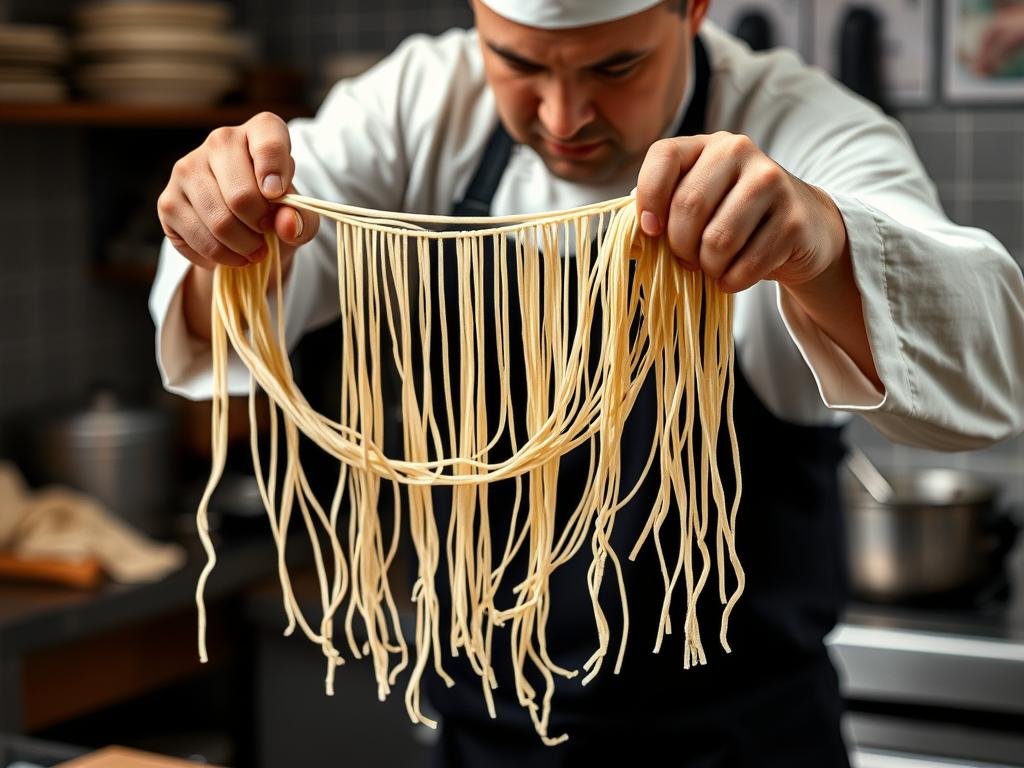 Chef demonstrating hand-pulling noodle technique for Lanzhou beef noodles near me