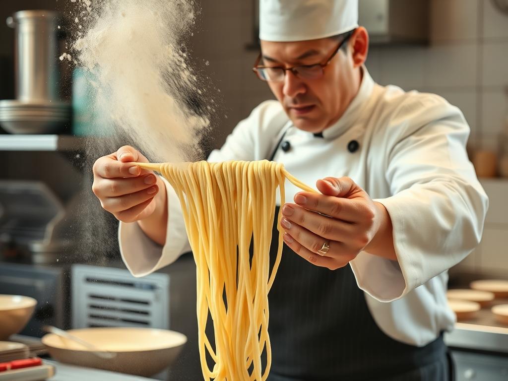Chef demonstrating hand-pulling noodle technique for Lanzhou beef noodles near me