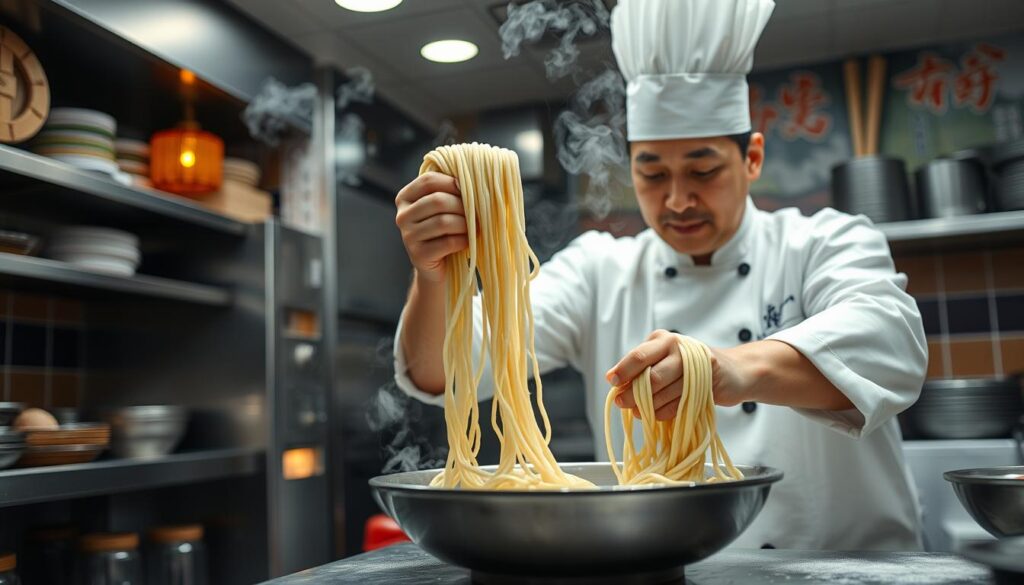 Chef hand-pulling Lanzhou beef noodles with traditional technique in restaurant kitchen