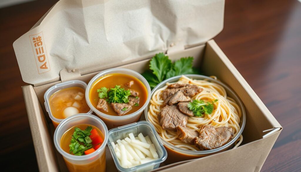 Lanzhou beef noodles packaged for delivery with separate containers for broth, noodles, and toppings