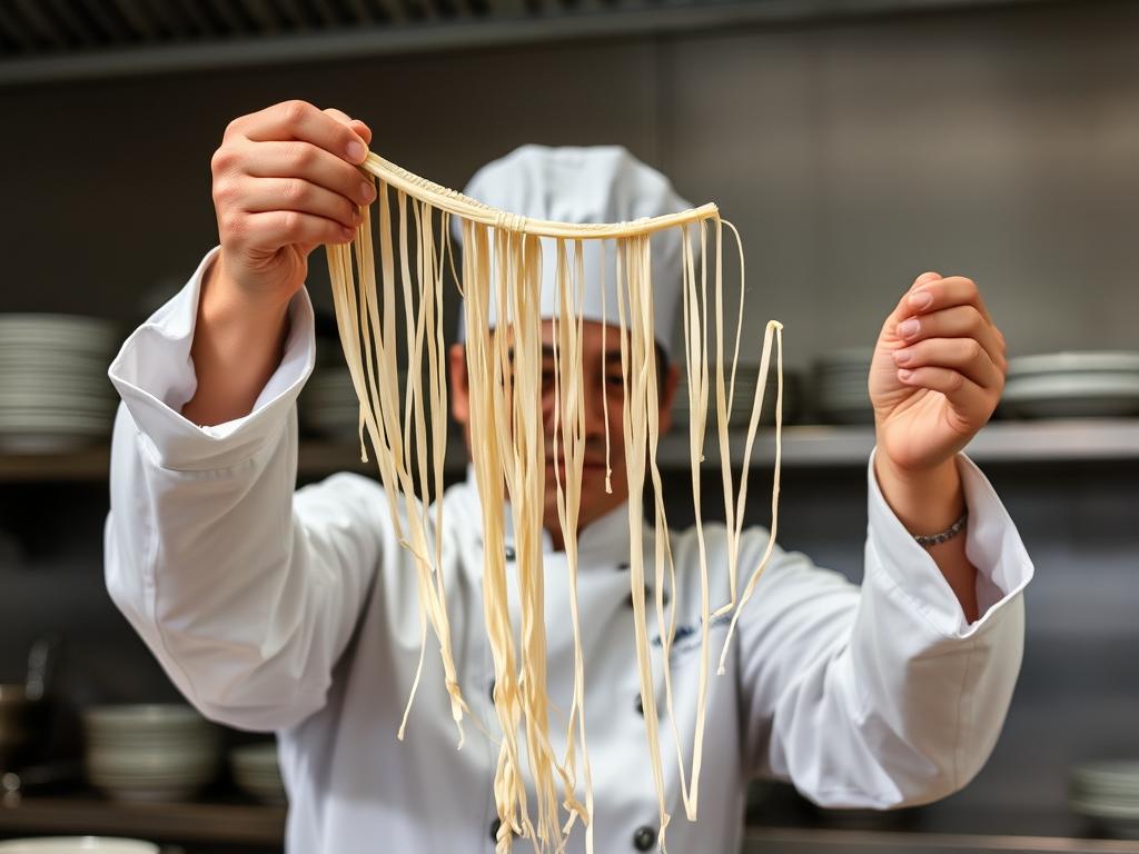 Master chef demonstrating hand-pulling Lanzhou beef noodles near me