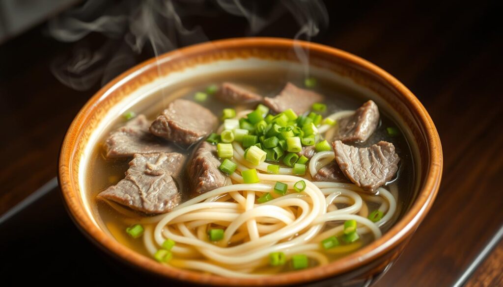 Steaming bowl of authentic Lanzhou beef noodles with clear broth and hand-pulled noodles