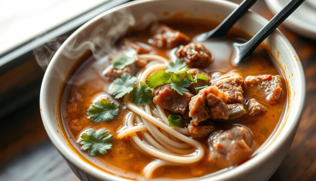 Steaming bowl of authentic Lanzhou beef noodles with clear broth, hand-pulled noodles, and thinly sliced beef
